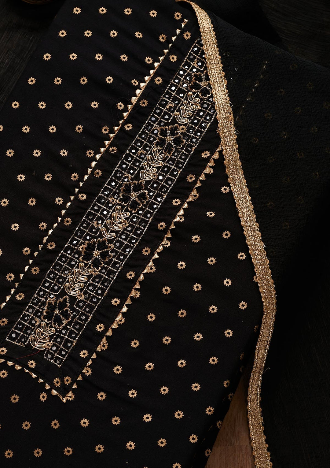Black Zariwork Chanderi Unstitched Salwar Suit - Koskii