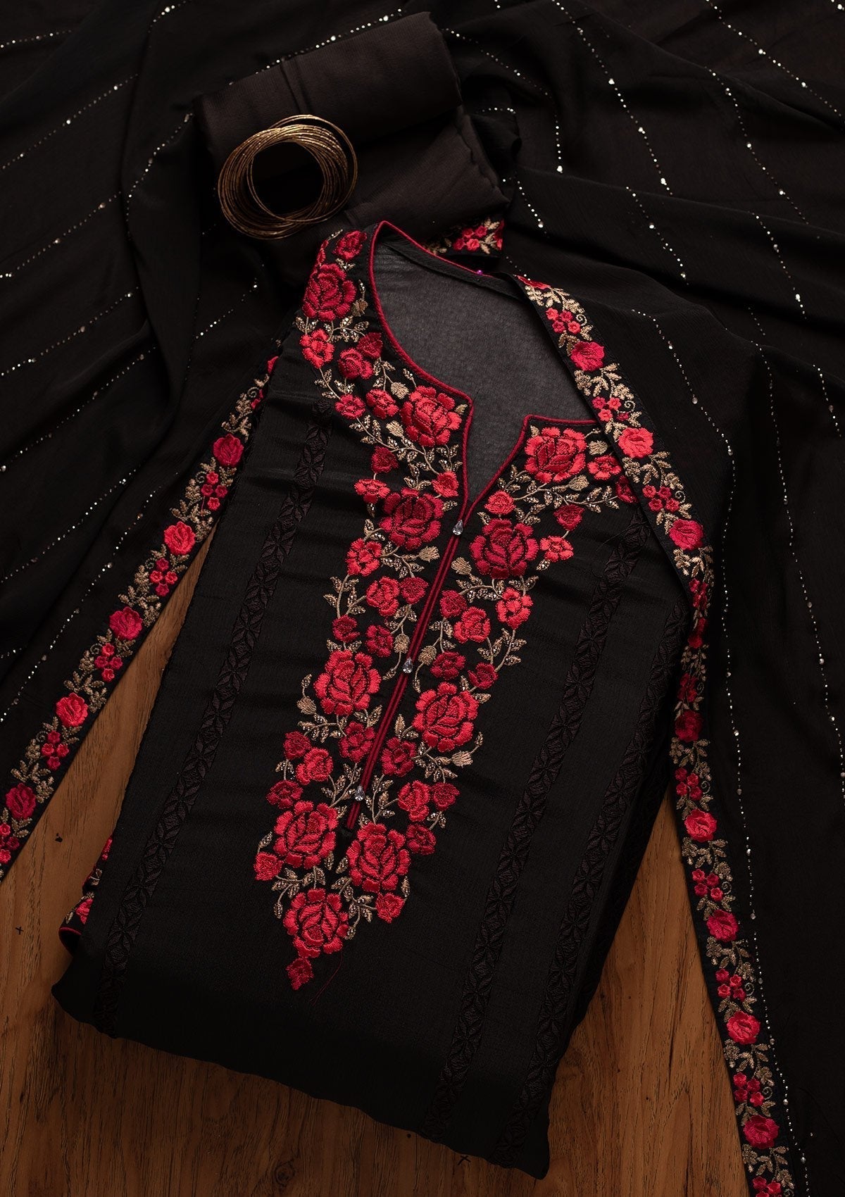 Black Zariwork Georgette Designer Semi-Stitched Salwar Suit - koskii