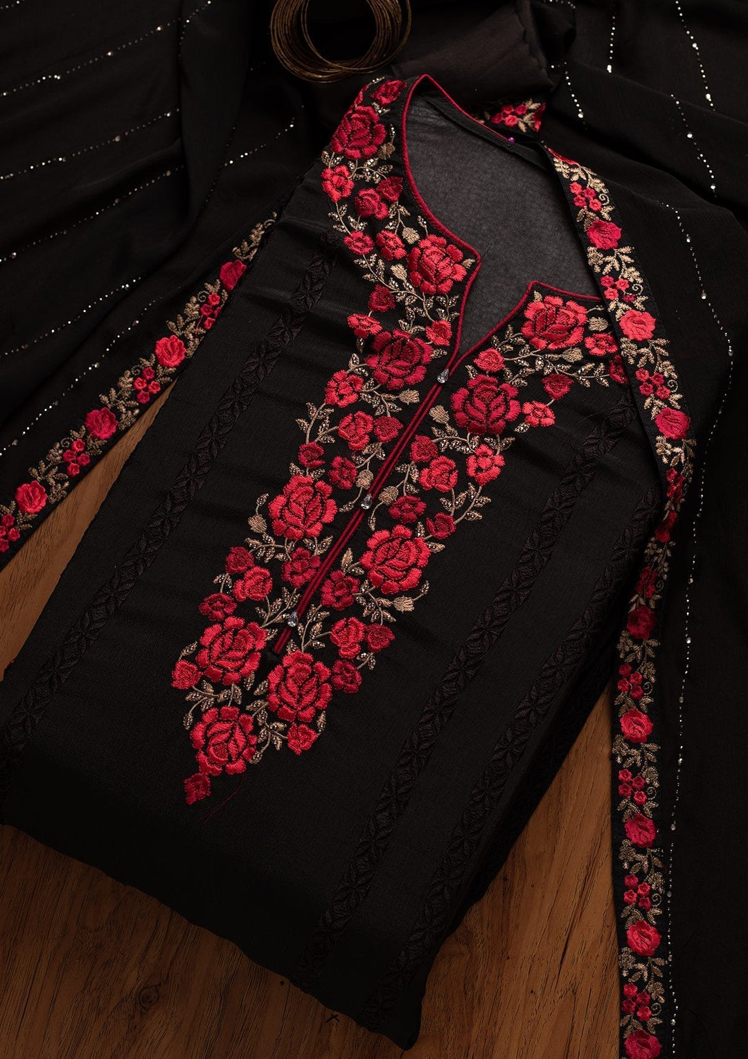 Black Zariwork Georgette Designer Semi-Stitched Salwar Suit - koskii