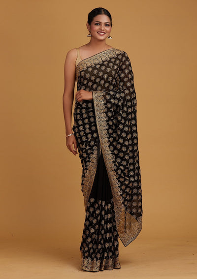Black Zariwork Georgette Designer Saree - Koskii