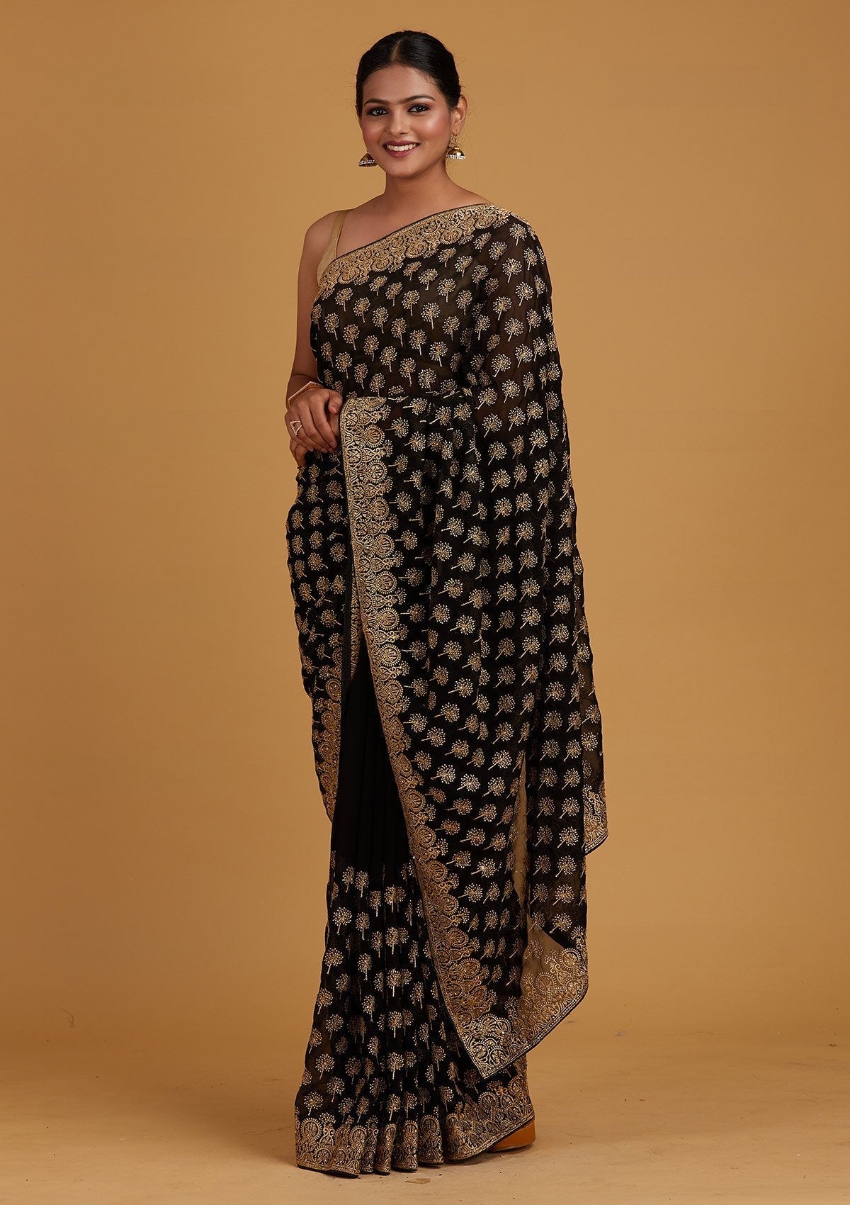 Black Zariwork Georgette Designer Saree - Koskii