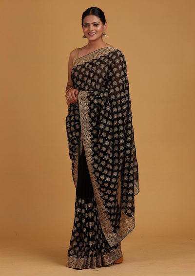 Black Zariwork Georgette Designer Saree - Koskii