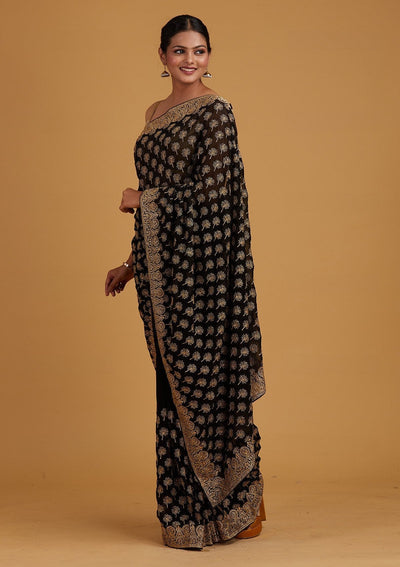 Black Zariwork Georgette Designer Saree - Koskii