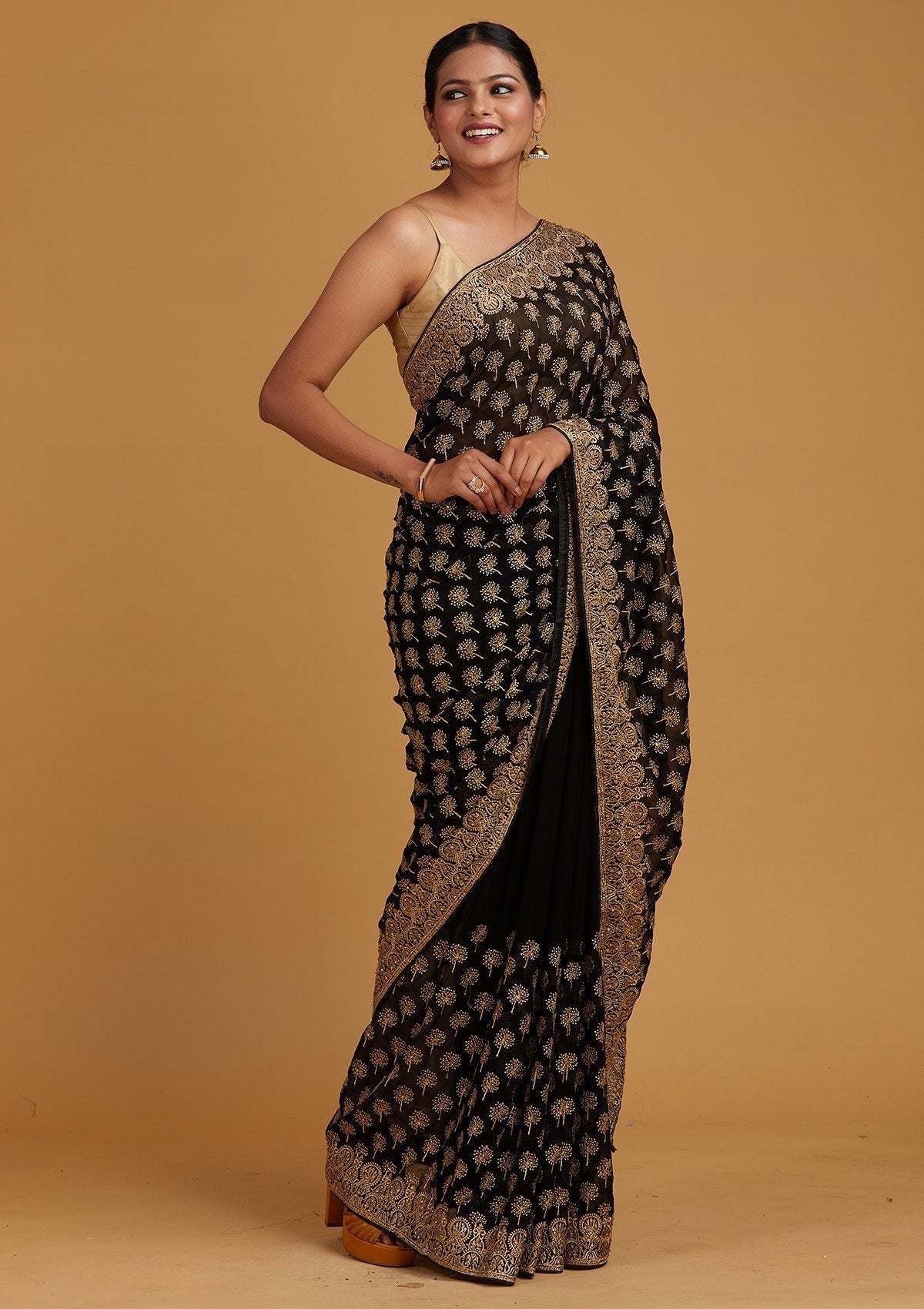 Black Zariwork Georgette Designer Saree - Koskii