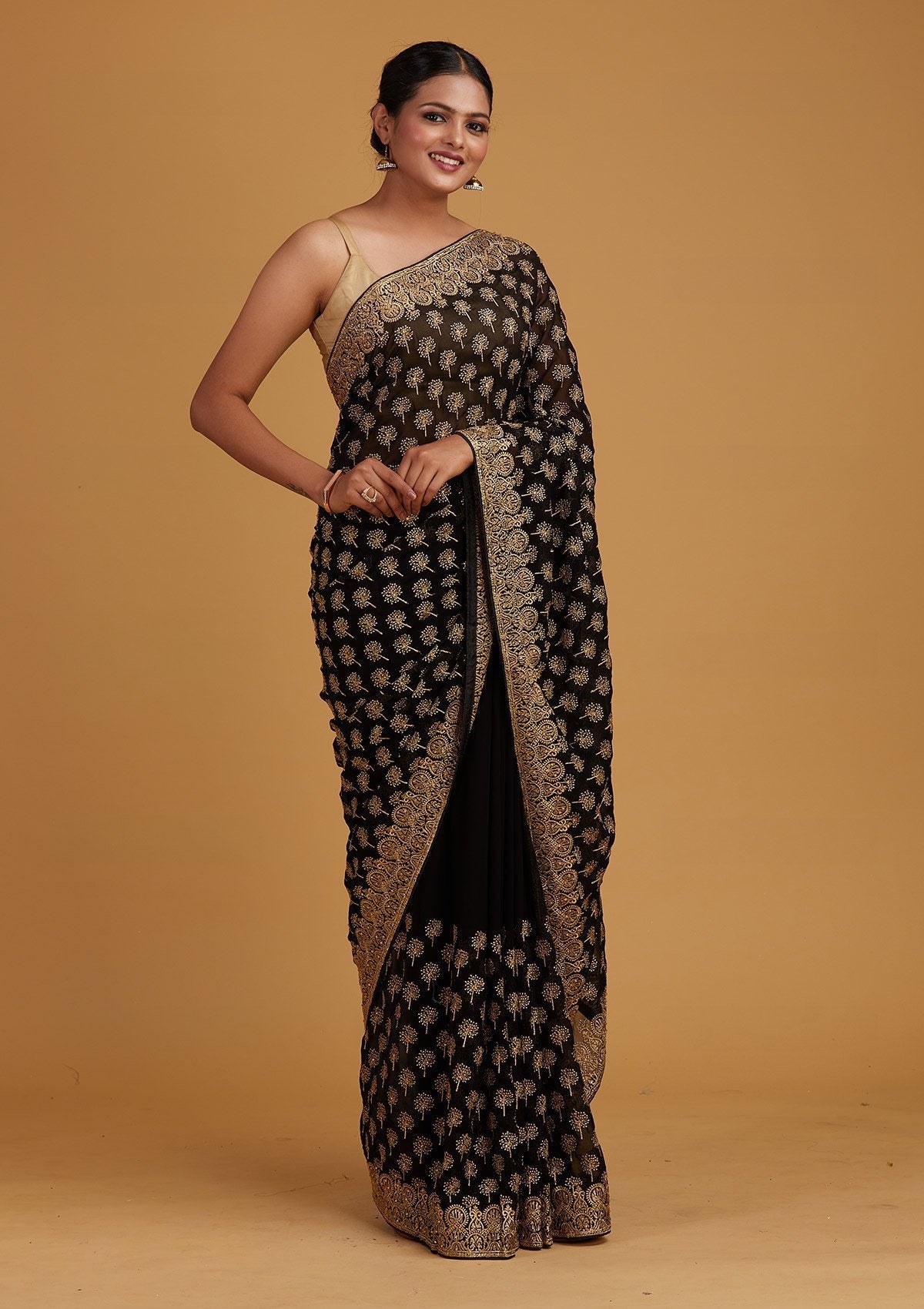 Black Zariwork Georgette Designer Saree - Koskii