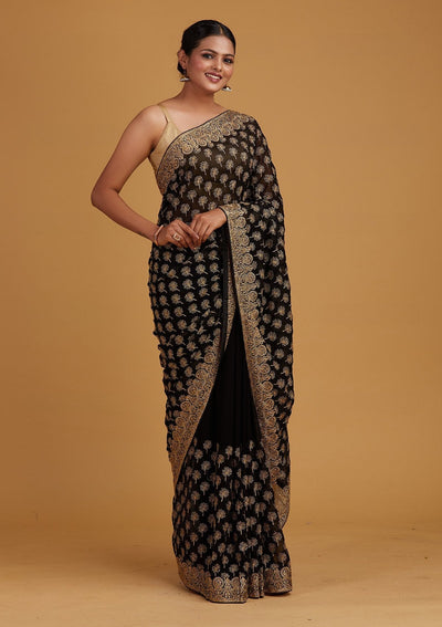 Black Zariwork Georgette Designer Saree - Koskii