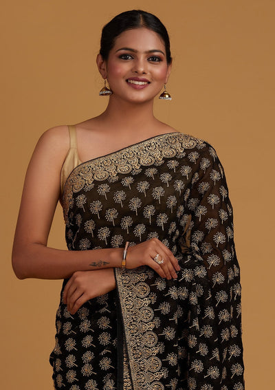 Black Zariwork Georgette Designer Saree - Koskii