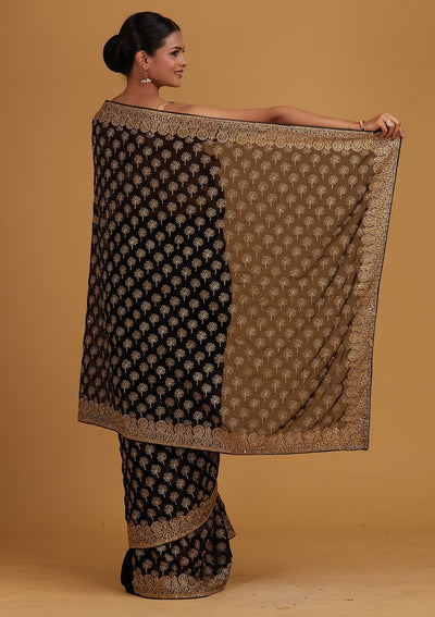 Black Zariwork Georgette Designer Saree - Koskii