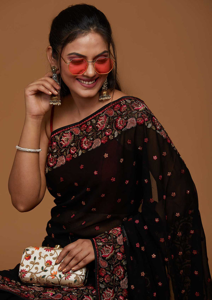 Black Zariwork Georgette Saree-Koskii