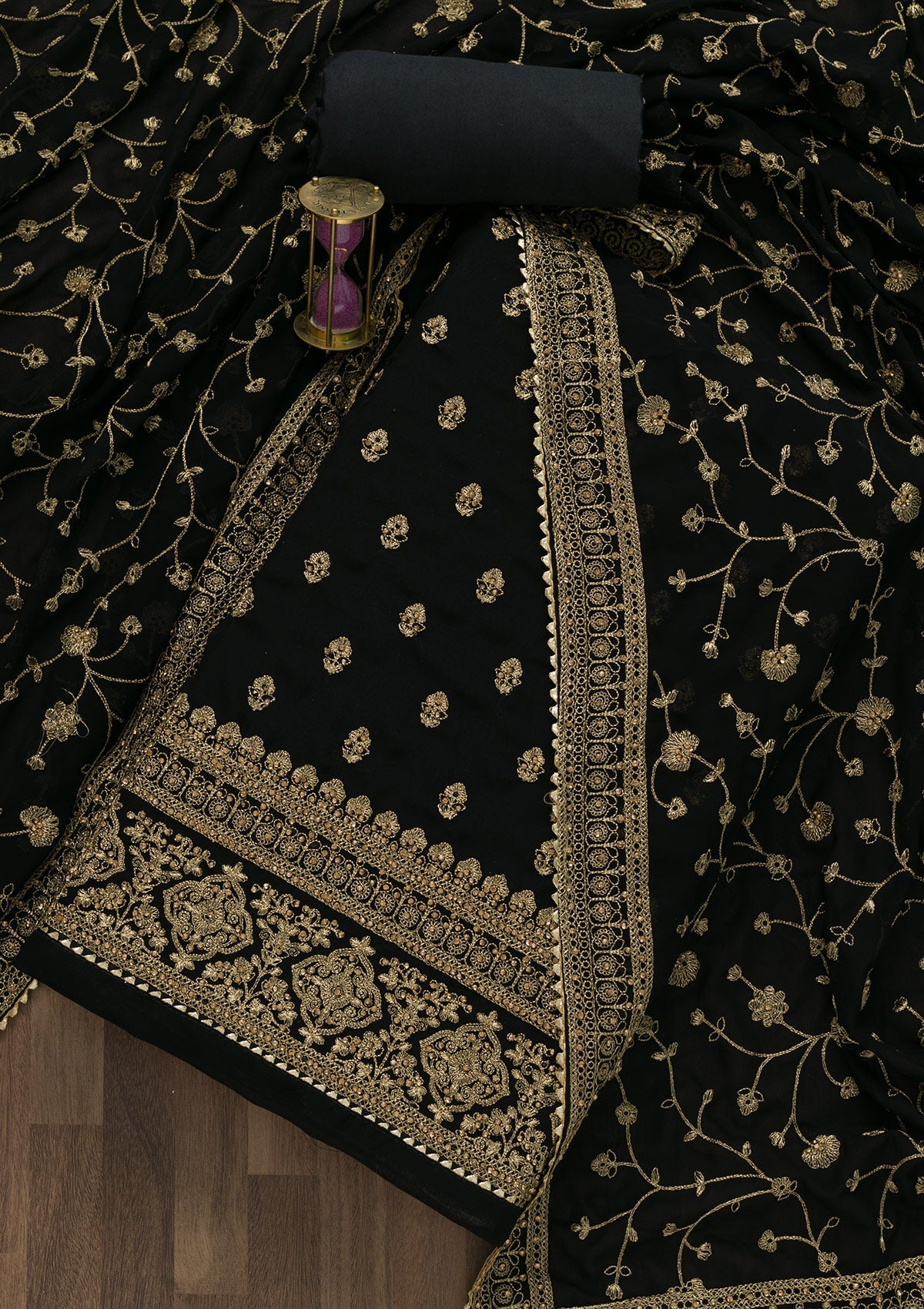 Black Zariwork Raw Silk Unstitched Salwar Suit-Koskii