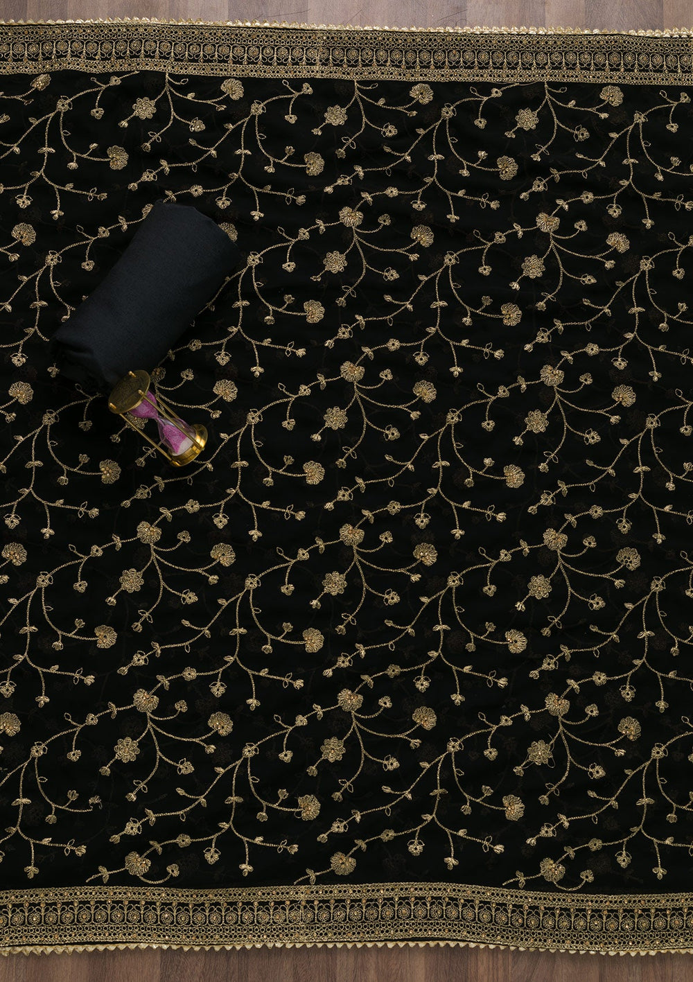 Black Zariwork Raw Silk Unstitched Salwar Suit-Koskii