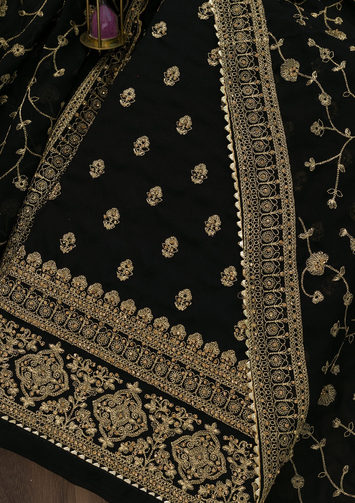 Black Zariwork Raw Silk Unstitched Salwar Suit-Koskii