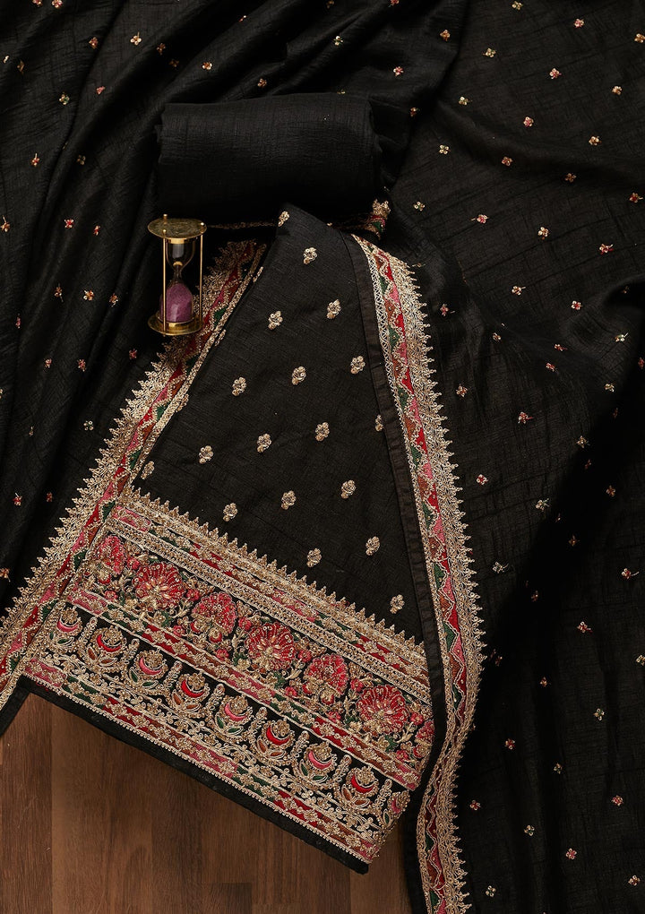 Black Zariwork Raw Silk Unstitched Salwar Suit-Koskii