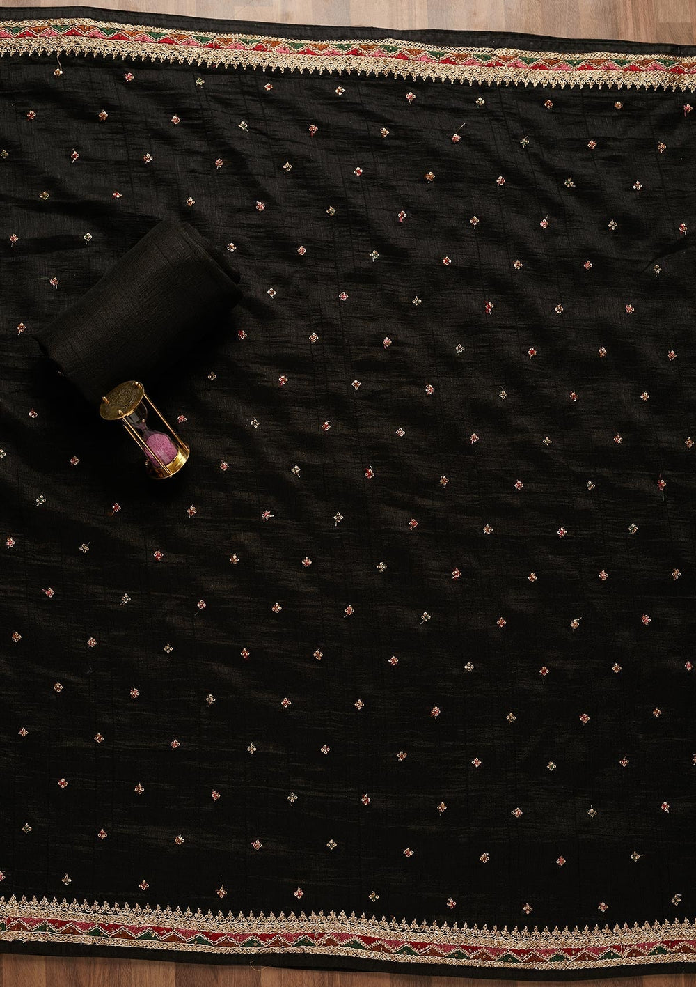 Black Zariwork Raw Silk Unstitched Salwar Suit-Koskii