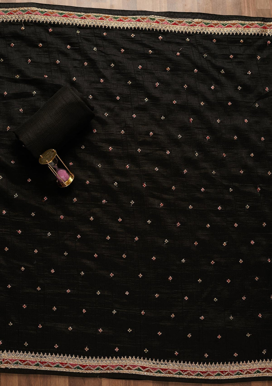 Black Zariwork Raw Silk Unstitched Salwar Suit-Koskii