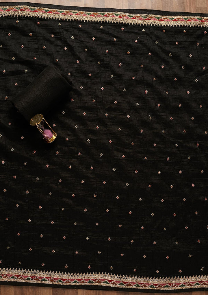 Black Zariwork Raw Silk Unstitched Salwar Suit-Koskii