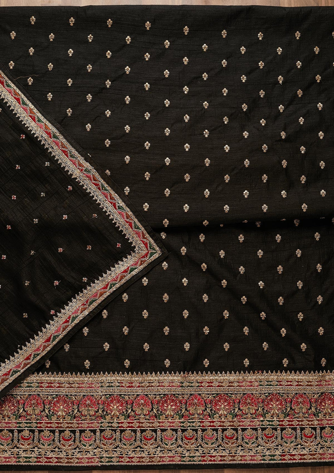 Black Zariwork Raw Silk Unstitched Salwar Suit-Koskii