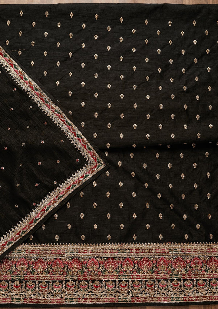 Black Zariwork Raw Silk Unstitched Salwar Suit-Koskii