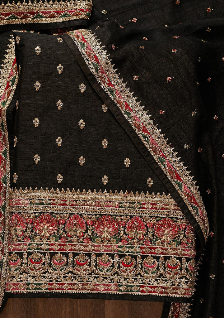 Black Zariwork Raw Silk Unstitched Salwar Suit-Koskii