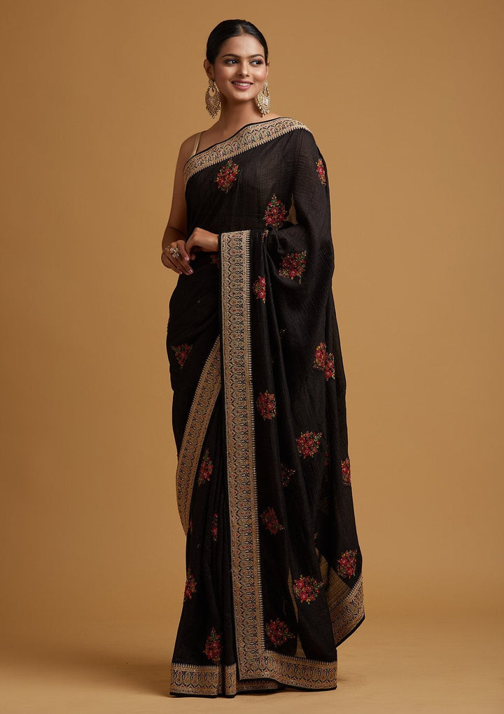 Black Zariwork Raw Silk Designer Saree - koskii