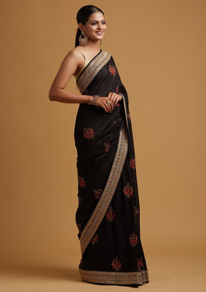 Black Zariwork Raw Silk Designer Saree - koskii