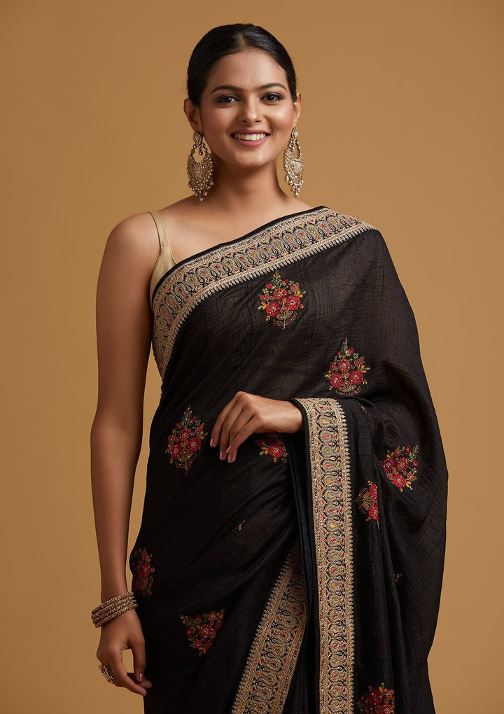 Black Zariwork Raw Silk Designer Saree - koskii