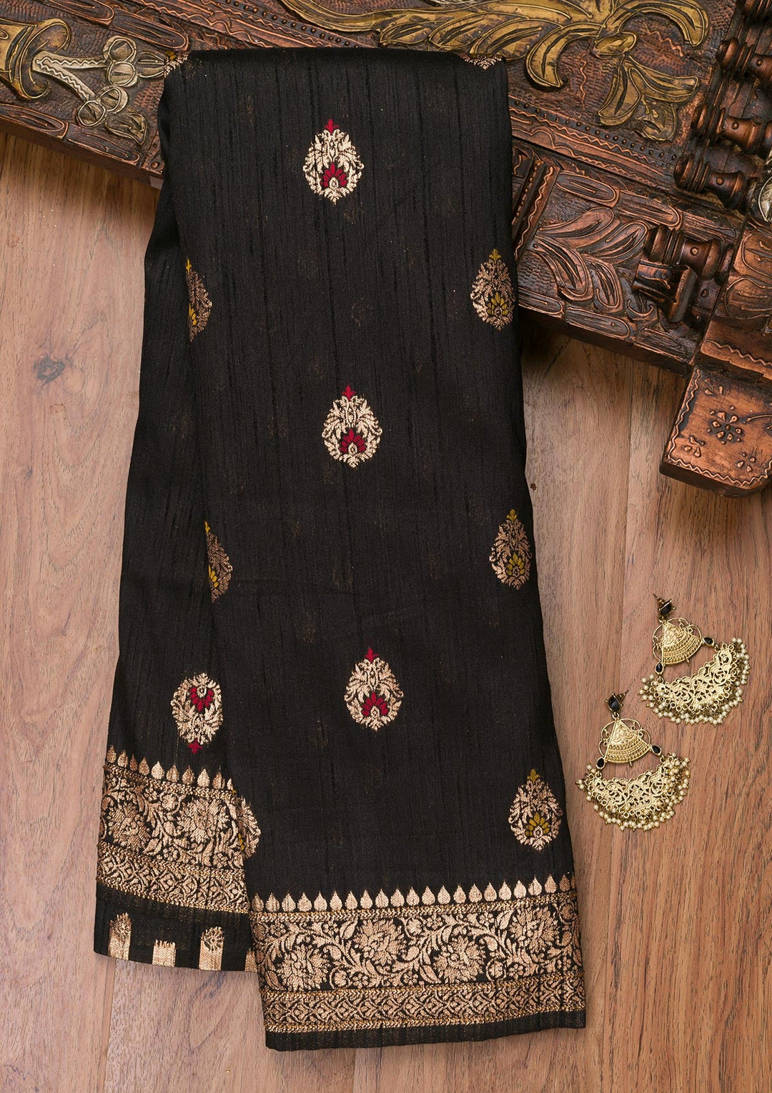 Black Zariwork Raw Silk Saree-Koskii