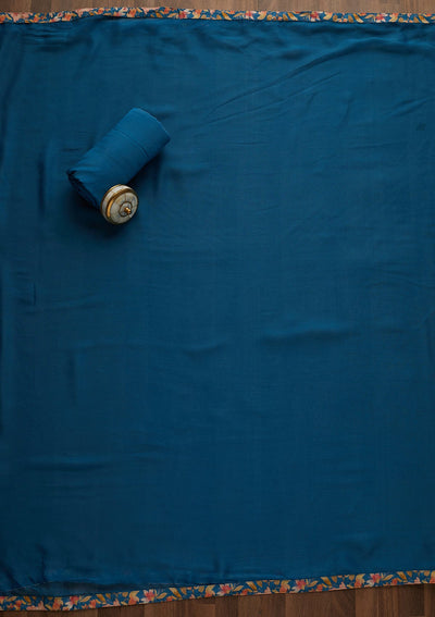 Blue Threadwork Georgette Unstitched Salwar Suit-Koskii