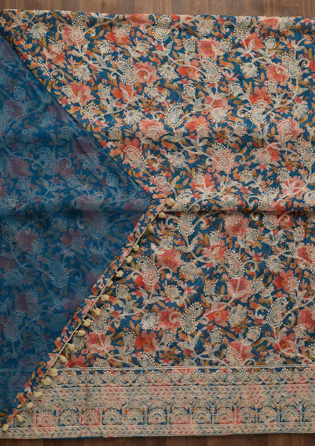 Blue Threadwork Georgette Unstitched Salwar Suit-Koskii