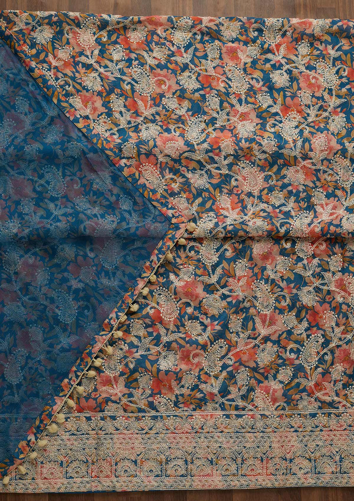 Blue Threadwork Georgette Unstitched Salwar Suit-Koskii