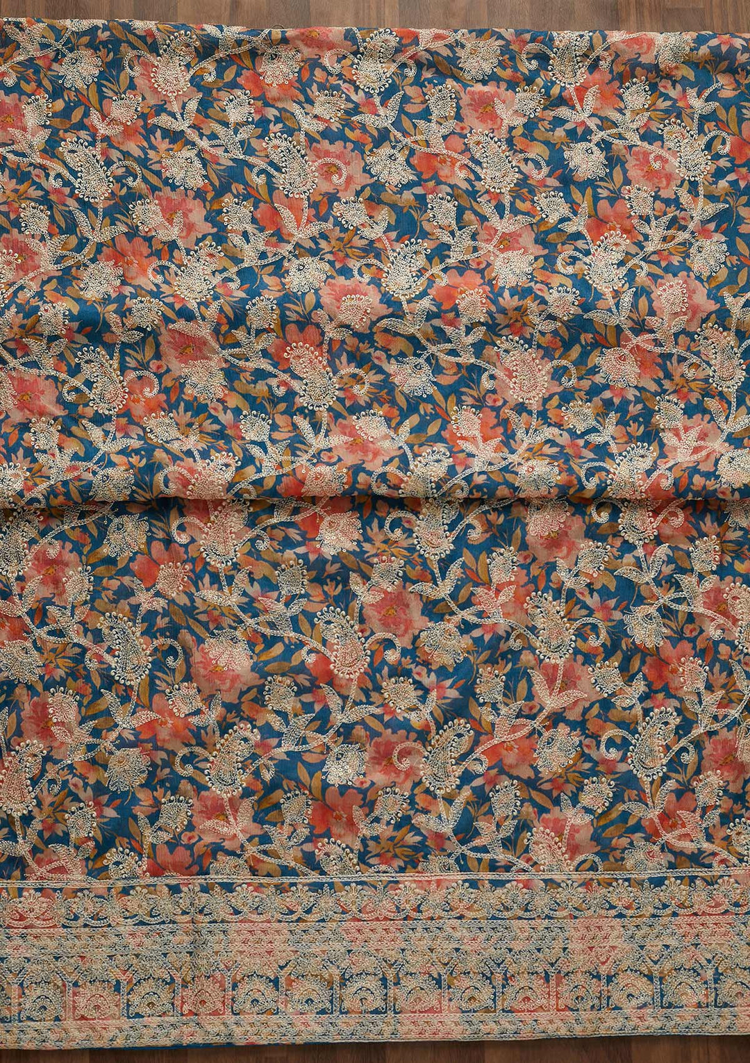 Blue Threadwork Georgette Unstitched Salwar Suit-Koskii