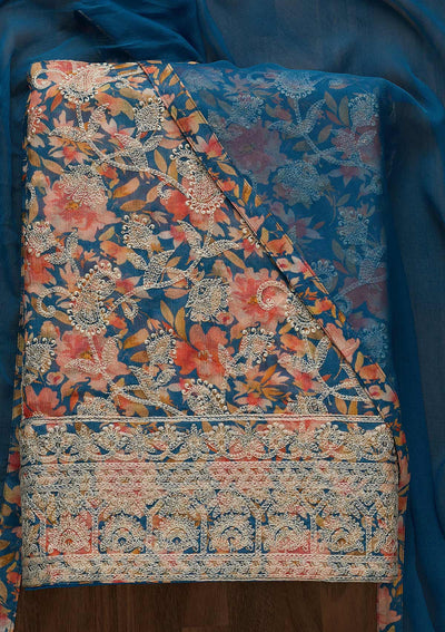 Blue Threadwork Georgette Unstitched Salwar Suit-Koskii
