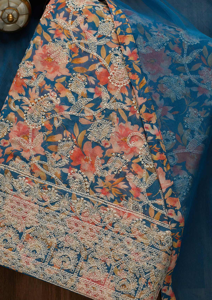 Blue Threadwork Georgette Unstitched Salwar Suit-Koskii