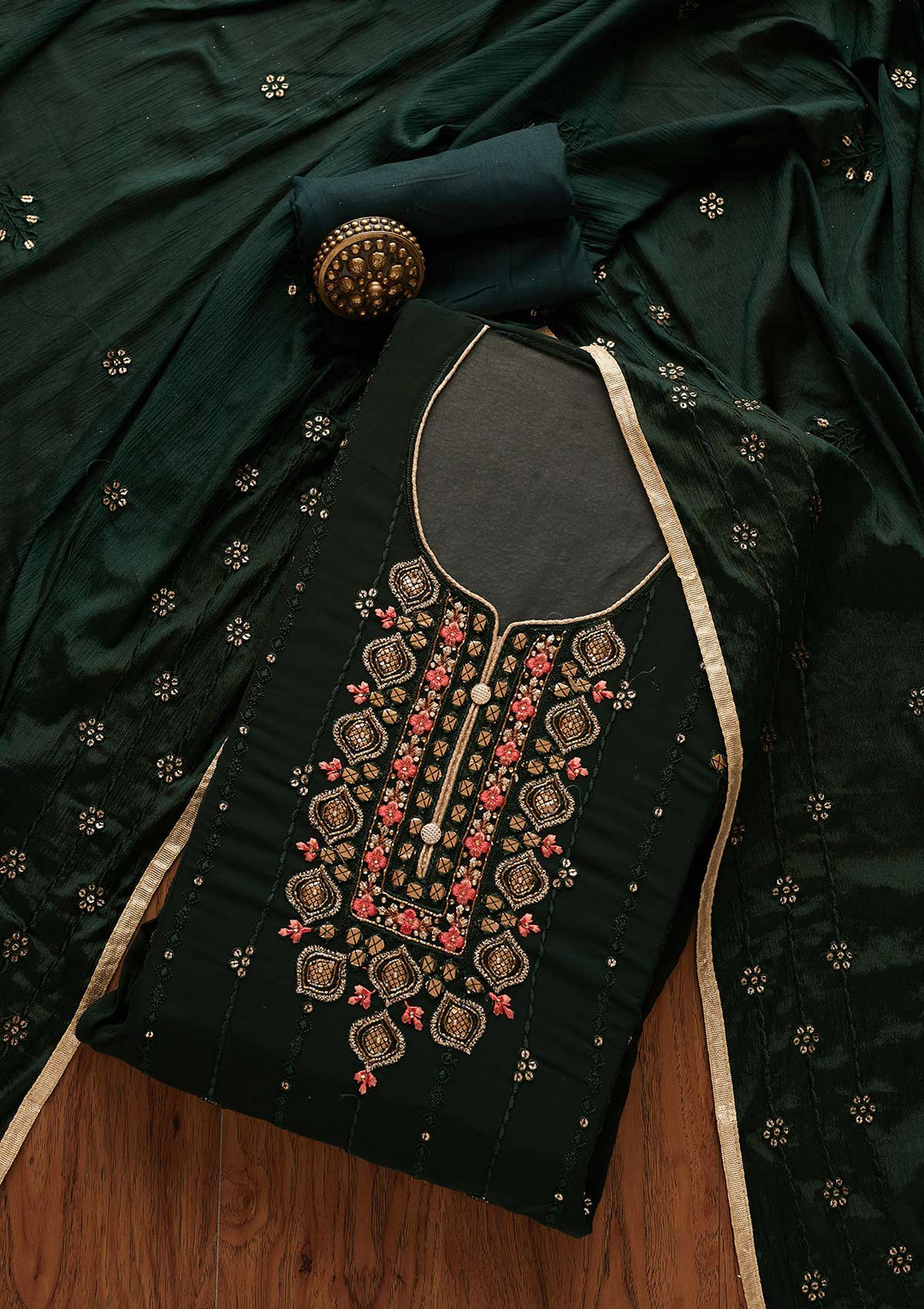Bottle Green Cutdana Georgette Designer Semi-Stitched Salwar Suit - Koskii