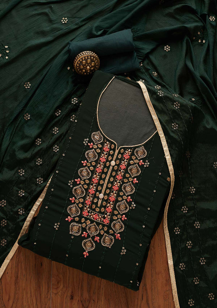 Bottle Green Cutdana Georgette Designer Semi-Stitched Salwar Suit - Koskii