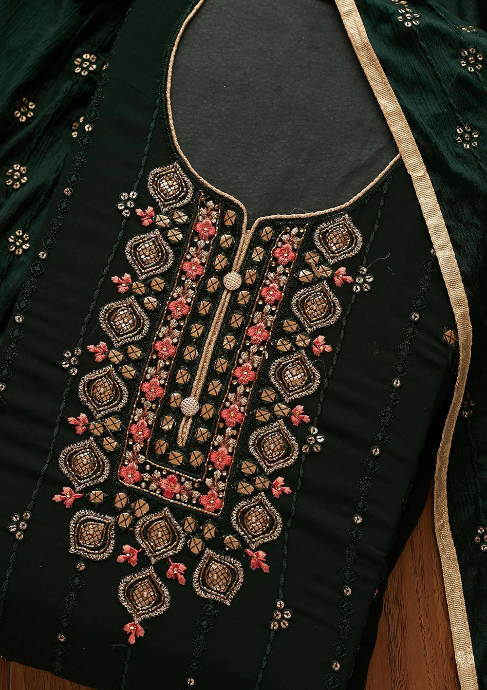 Bottle Green Cutdana Georgette Designer Semi-Stitched Salwar Suit - Koskii