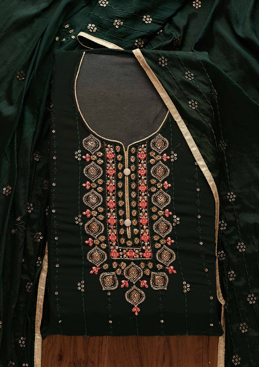 Bottle Green Cutdana Georgette Designer Semi-Stitched Salwar Suit - Koskii