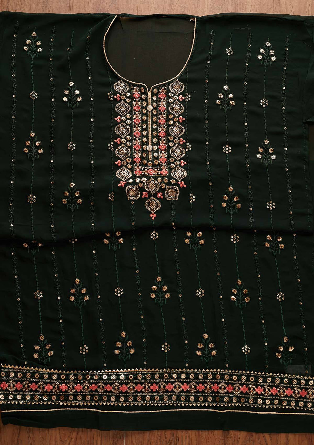 Bottle Green Cutdana Georgette Designer Semi-Stitched Salwar Suit - Koskii