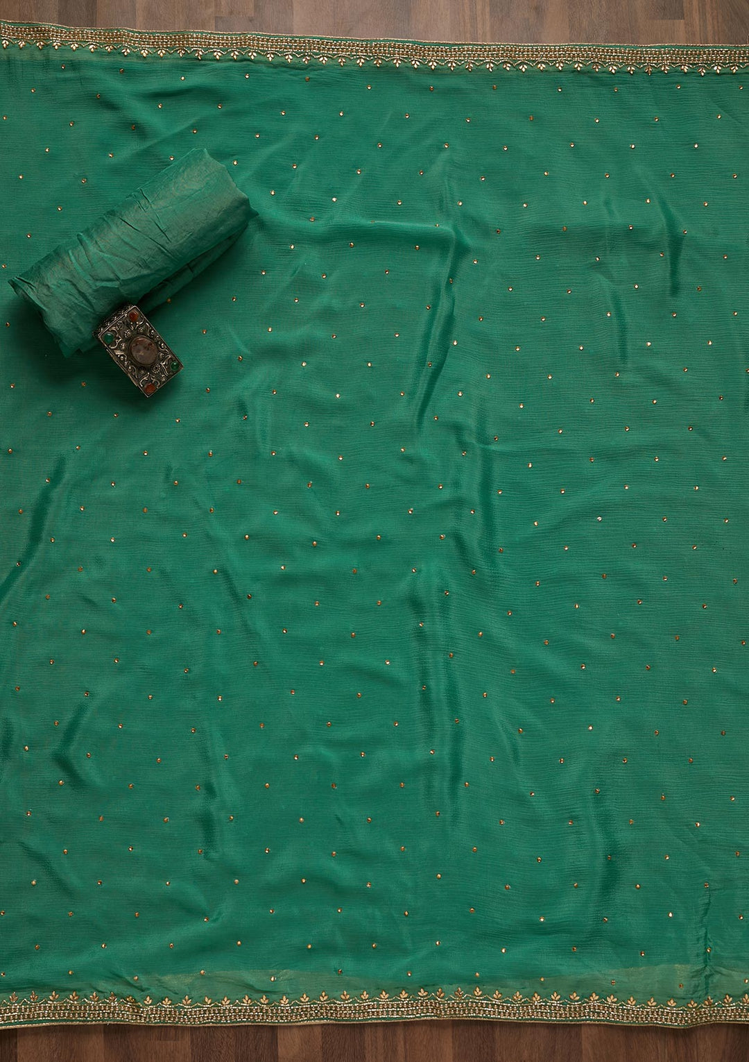 Bottle Green Cutdana Semi Crepe Unstitched Salwar Suit - Koskii