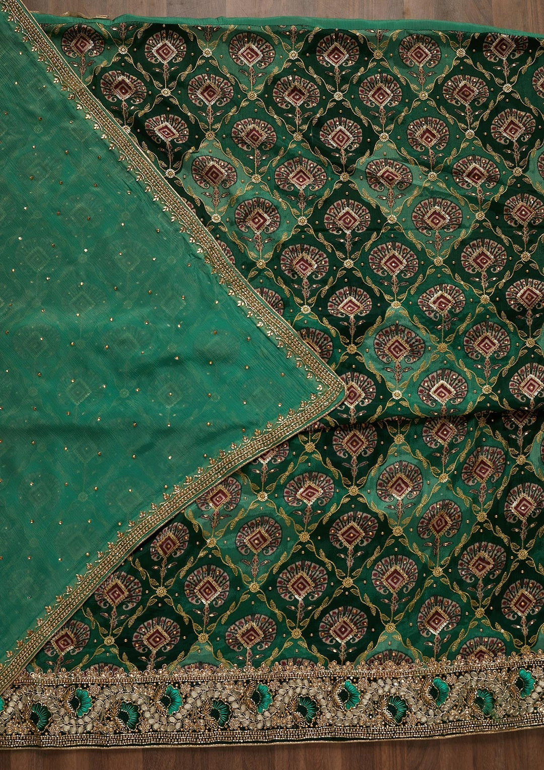 Bottle Green Cutdana Semi Crepe Unstitched Salwar Suit - Koskii
