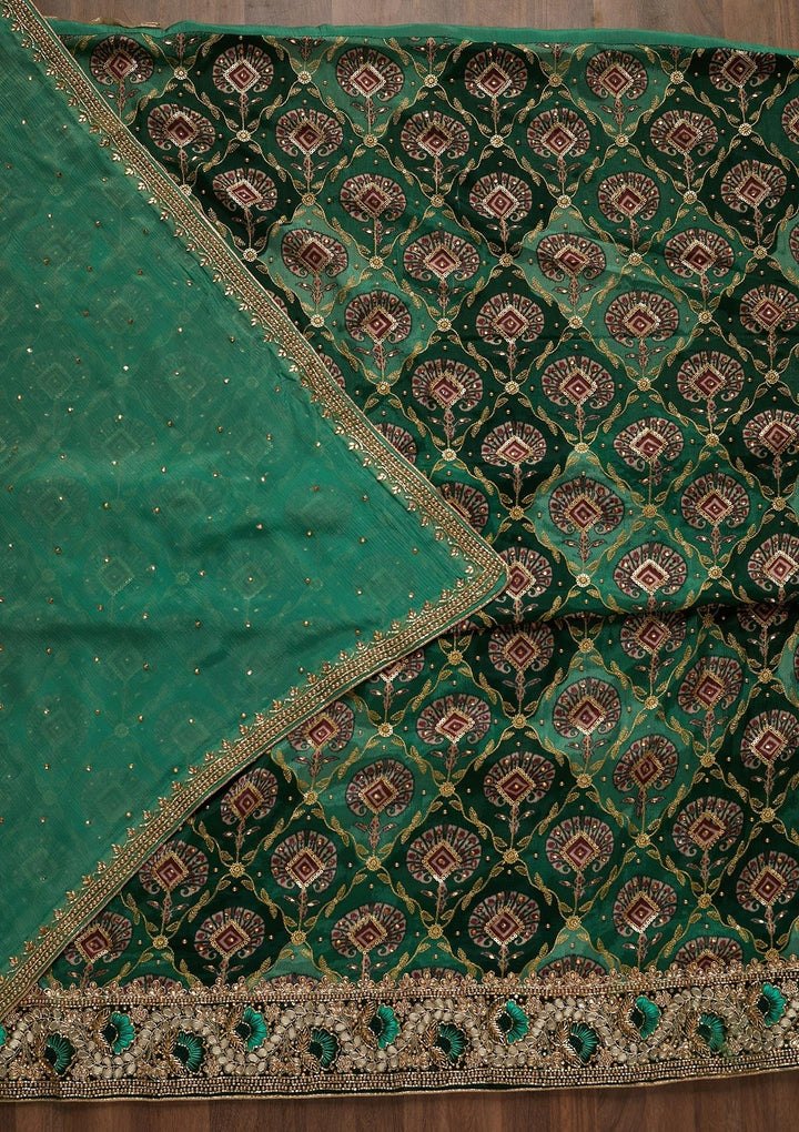 Bottle Green Cutdana Semi Crepe Unstitched Salwar Suit - Koskii