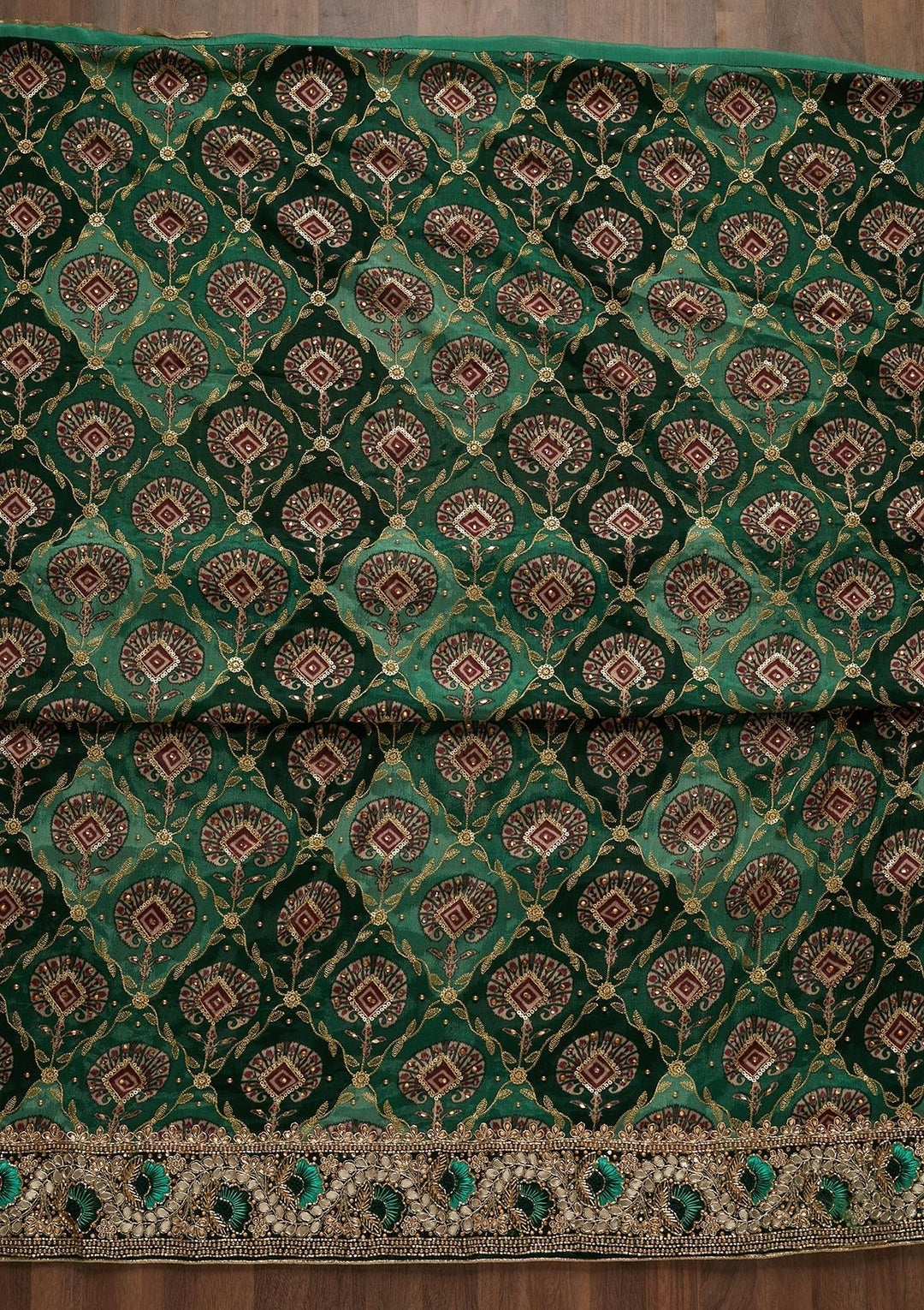 Bottle Green Cutdana Semi Crepe Unstitched Salwar Suit - Koskii