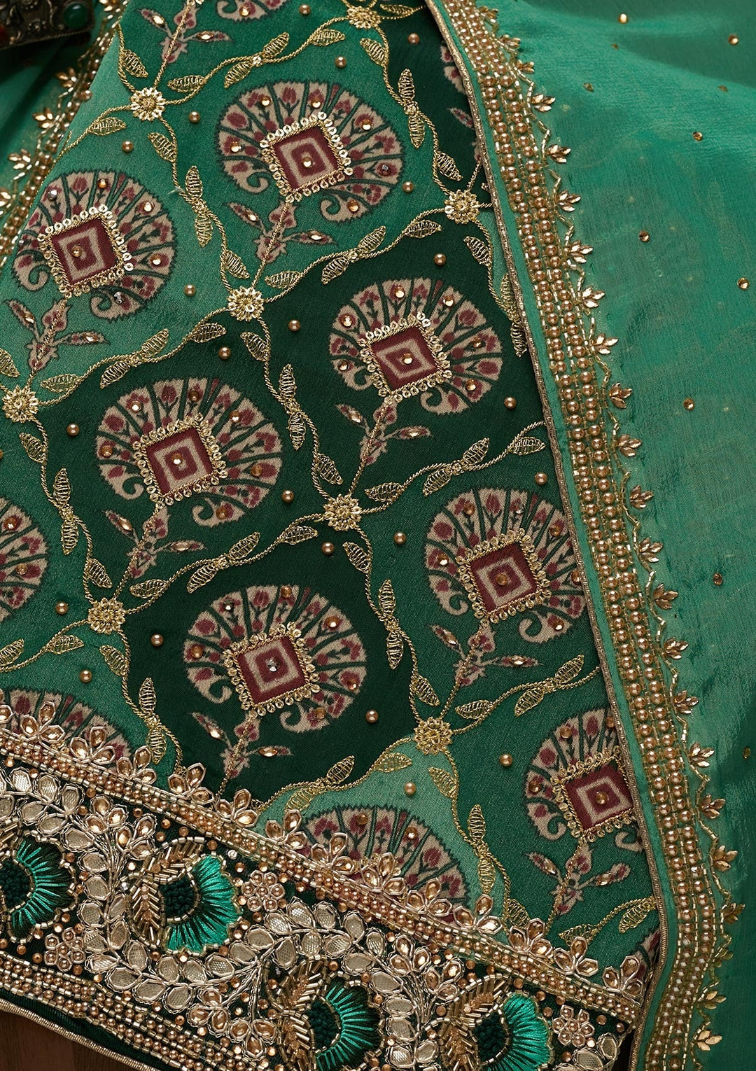 Bottle Green Cutdana Semi Crepe Unstitched Salwar Suit - Koskii