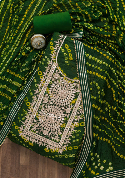 Bottle Green Bandhani Georgette Unstitched Salwar Suit-Koskii