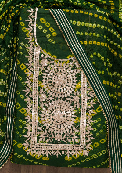 Bottle Green Bandhani Georgette Unstitched Salwar Suit-Koskii