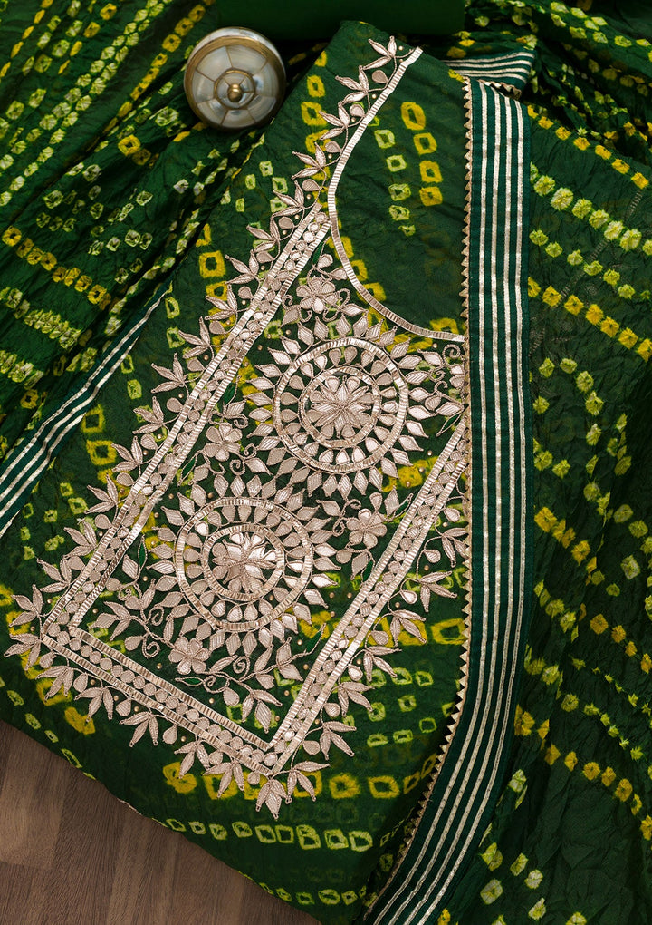 Bottle Green Bandhani Georgette Unstitched Salwar Suit-Koskii