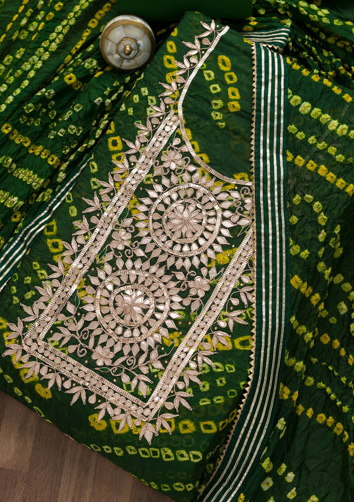 Bottle Green Bandhani Georgette Unstitched Salwar Suit-Koskii
