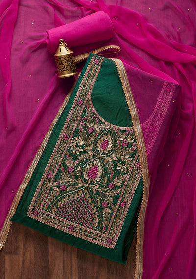 Bottle Green Gotapatti Art Silk Designer Unstitched Salwar Suit - Koskii