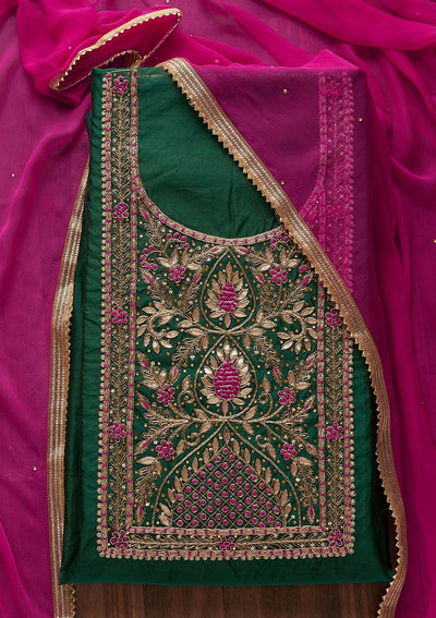 Bottle Green Gotapatti Art Silk Designer Unstitched Salwar Suit - Koskii