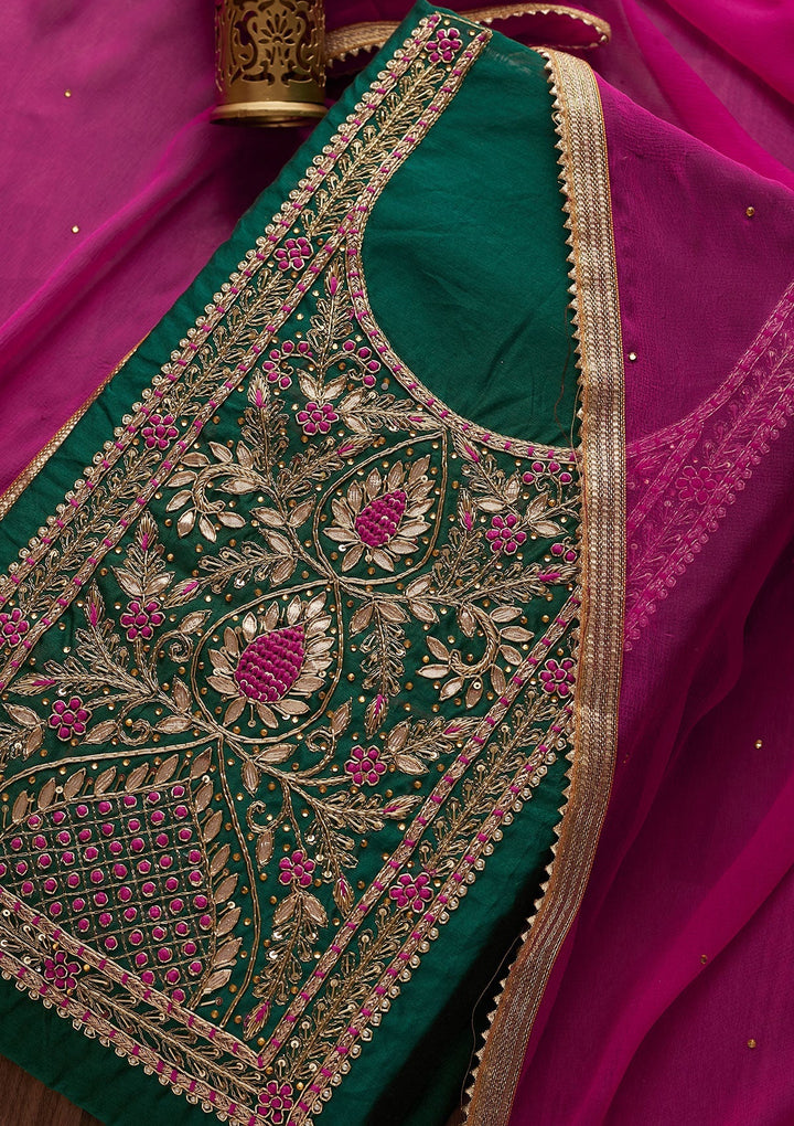 Bottle Green Gotapatti Art Silk Designer Unstitched Salwar Suit - Koskii